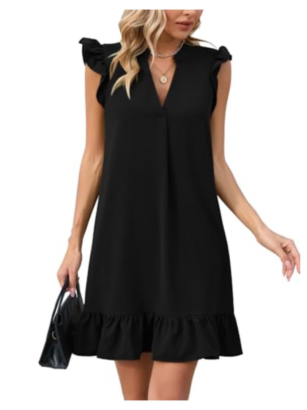 Women's Casual Smock Mini Sundress V-Neck Cap Sleeve Ruffled Hem